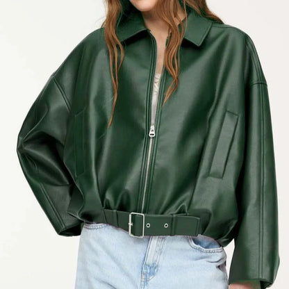 Vintage PU Leather Bomber Jackets 2025 Autumn New Ladies Zipper Lapel Long Sleeve Pocket Coat With Belt Women's Loose Streetwear