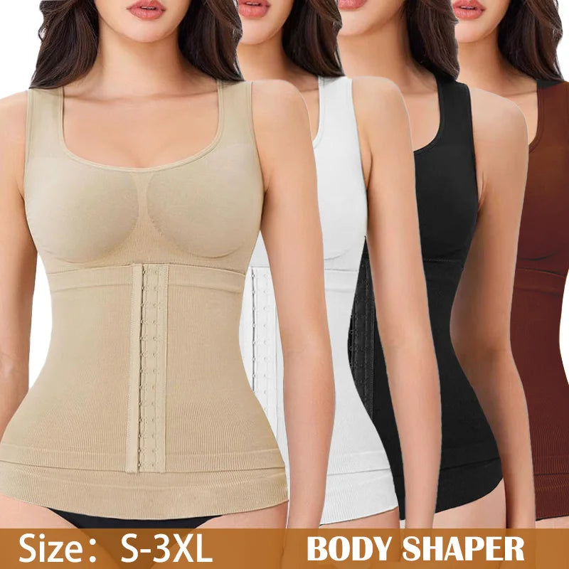 1PC Highly Elastic Women'S 3in1 Camisole Seamless Waist Trainer Removable Bra Pad Hook Adjustable Tummy Control Shaping Tank Top