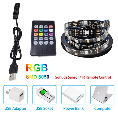 LED Strip Light 5050 USB Flexible Lamp TapeSound Sensor RGB Ribbon 1M 2M 3M 4M 5M DC5V Decoration TV BackLight