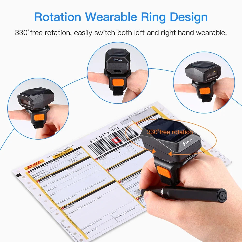 Eyoyo EY-016 Finger Ring Barcode Scanner Mini Wearable 3-in-1 USB Wired & 2.4G Wireless QR Reader for Store Warehouse Scanning