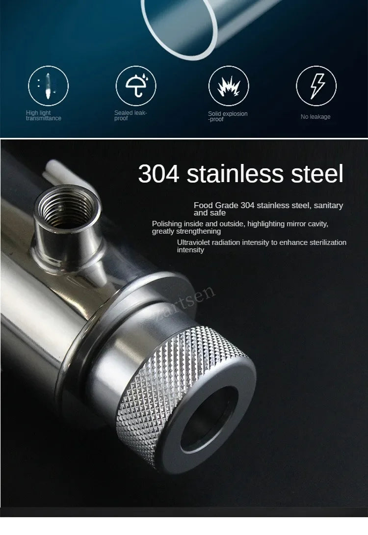 12W Stainless Steel UV Water Sterilizer Ultraviolet Tube Lamp Direct Drink Disinfection Filter Aquarium Fish Tank Purifier