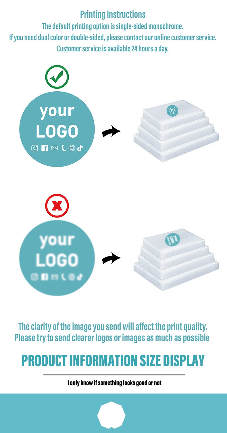 100 transparent plastic open pockets for storing food, meat, fish, fruits, and snacks, with customizable logos,