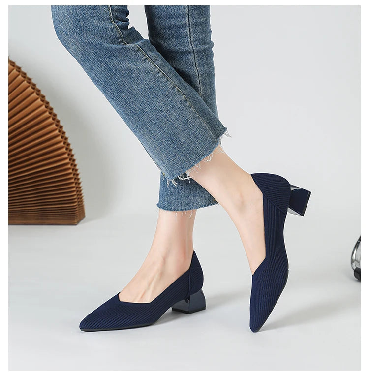 2025 New Women's High Heels Large 42/43 Fashion Pointed Anti slip Rubber Bottom Knitted Breathable Shoes