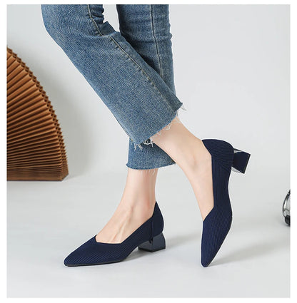 2025 New Women's High Heels Large 42/43 Fashion Pointed Anti slip Rubber Bottom Knitted Breathable Shoes