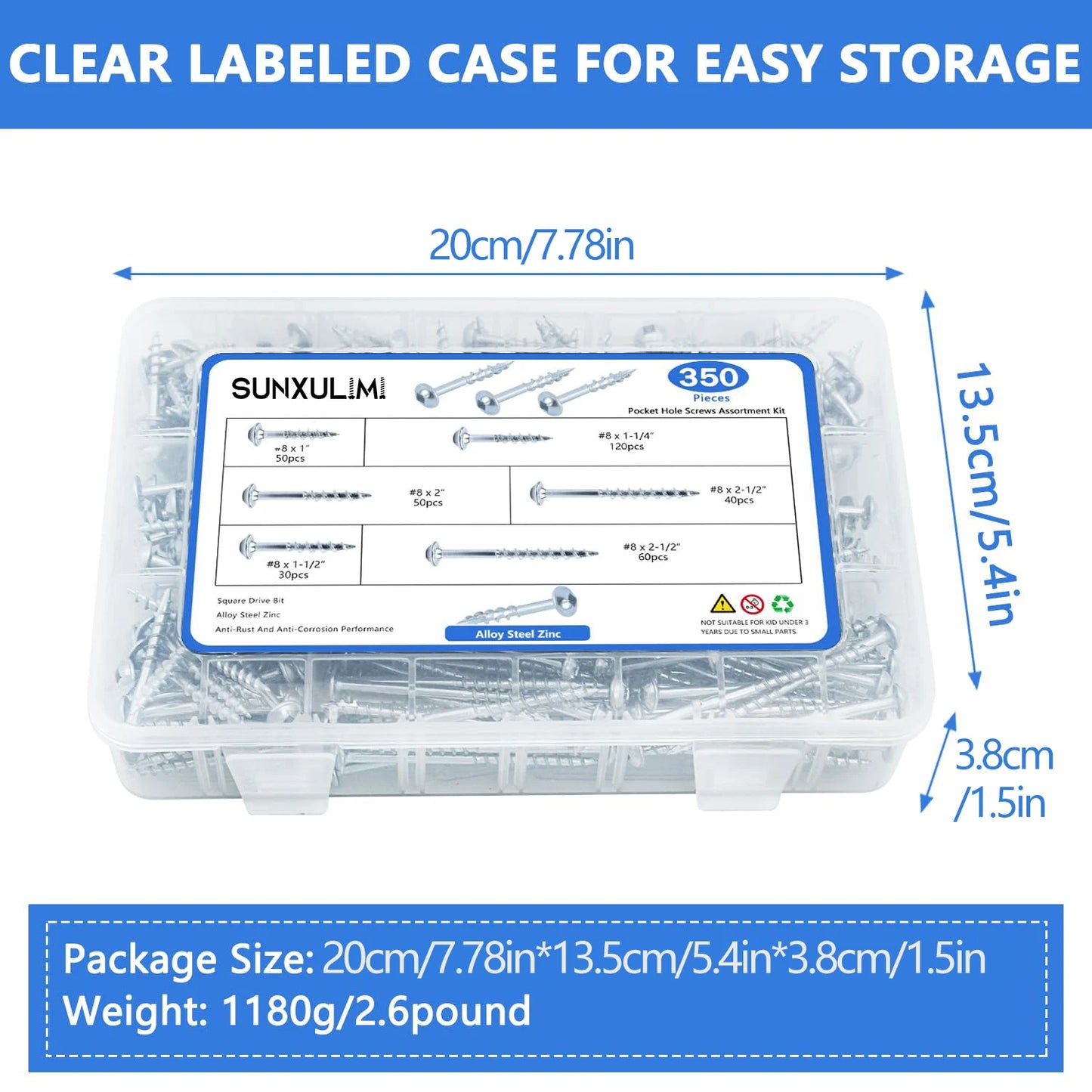 350 PCS Pocket Hole Screws Assortment Kit, 5 Sizes #8 x 1, 1-1/4", 1-1/2", 2", 2-1/2",Square Drive Self Tapping Coarse Thread Wo