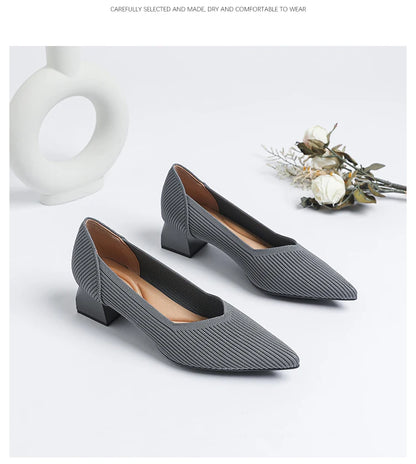 2025 New Women's High Heels Large 42/43 Fashion Pointed Anti slip Rubber Bottom Knitted Breathable Shoes