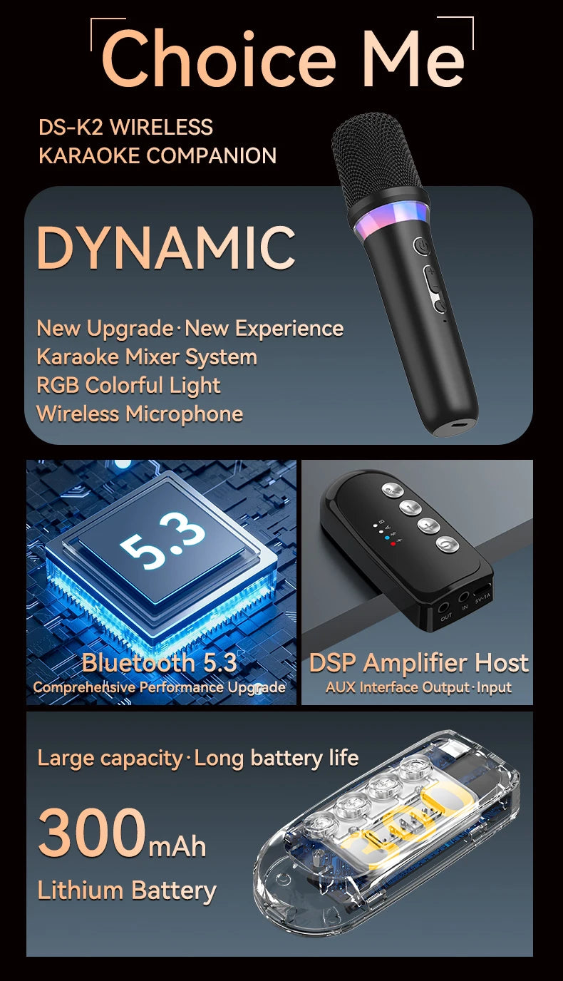 New DS-K2 Karaoke Companion Bluetooth Wireless Moving-Coil Microphone With RGB Light KTV DSP Mixer System For Wired Speaker Car