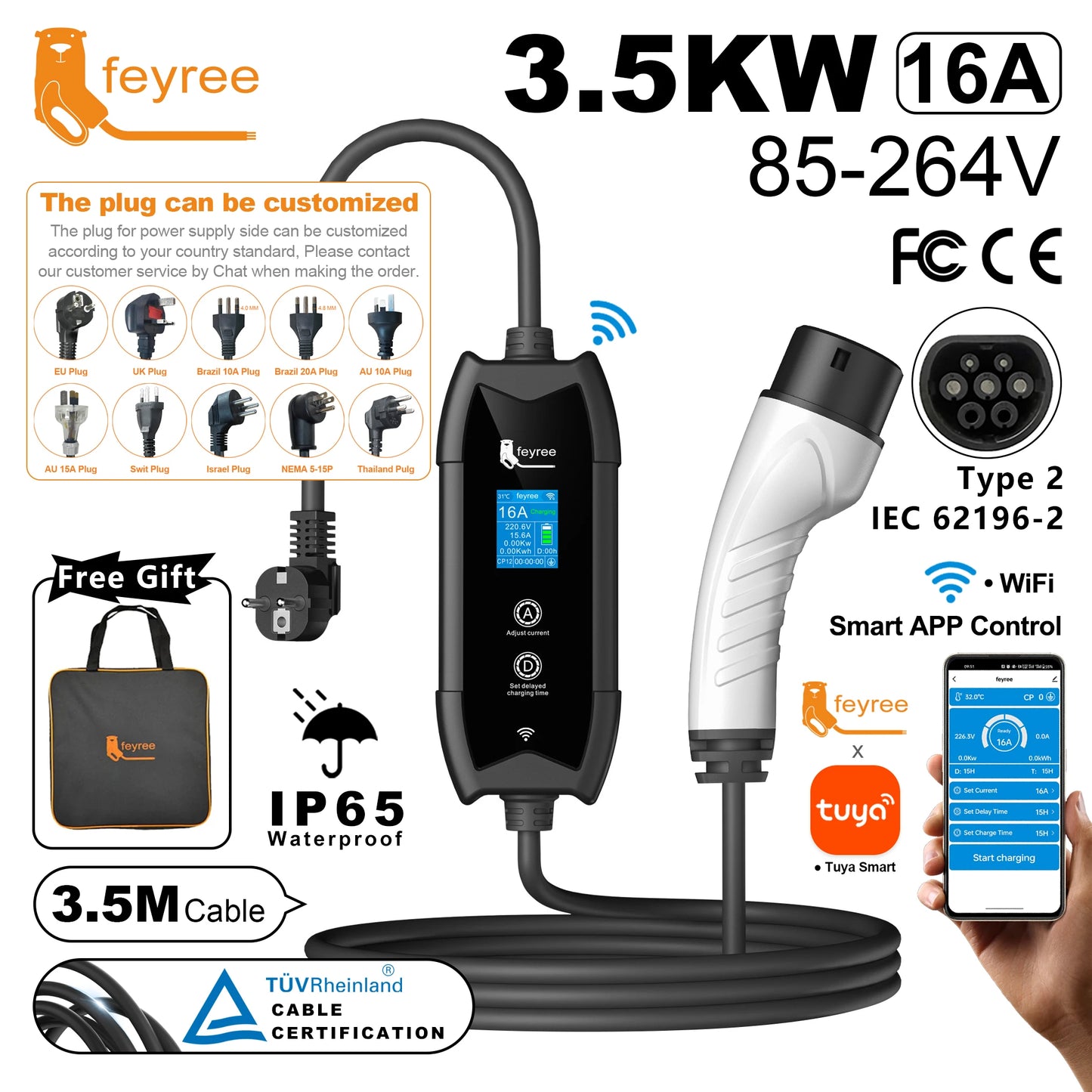 feyree Portable EV Charger Type2 IEC62196-2 EVSE Fast Charging 3.5M Cable EVSE Wallbox WiFi APP Bluetooth Wireless Control