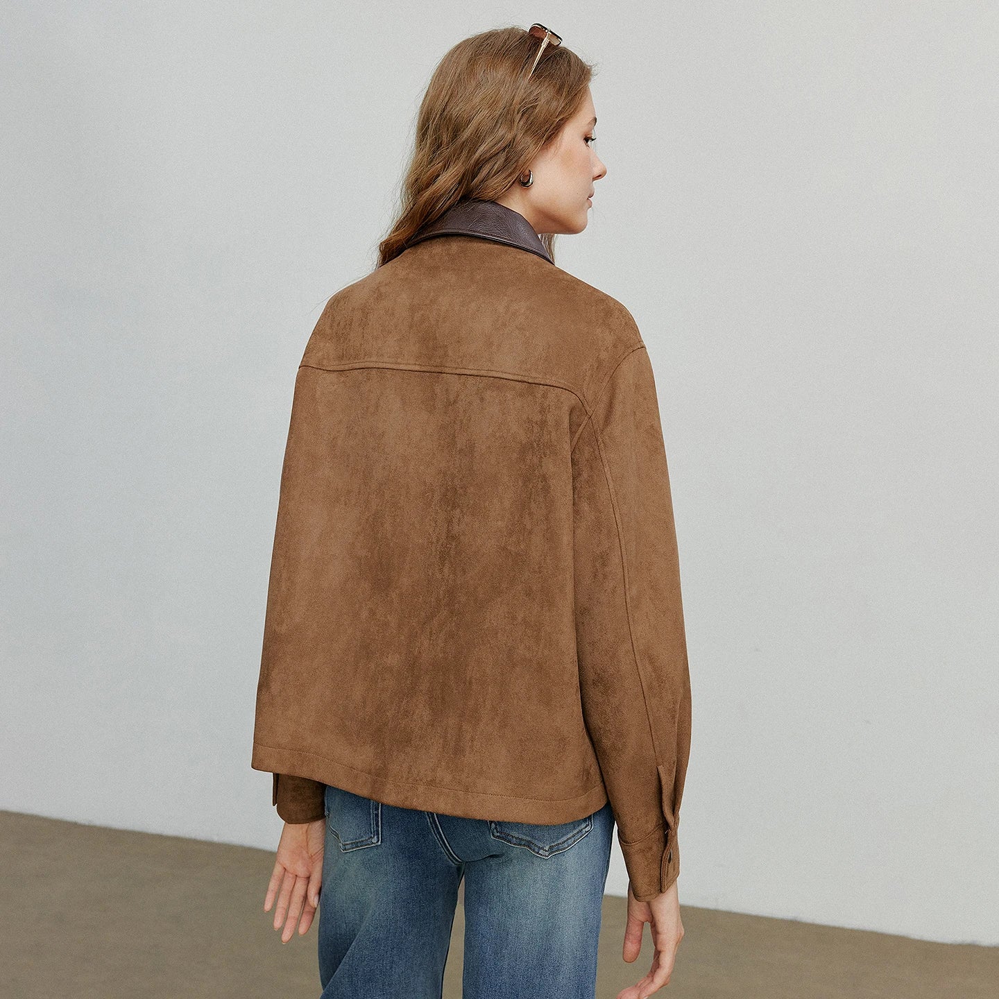 TOYOUTH Women Jacket coat 2025 Autumn New Vingtage Barn Style Suede Leather Patchwork Collar Jacket Brown