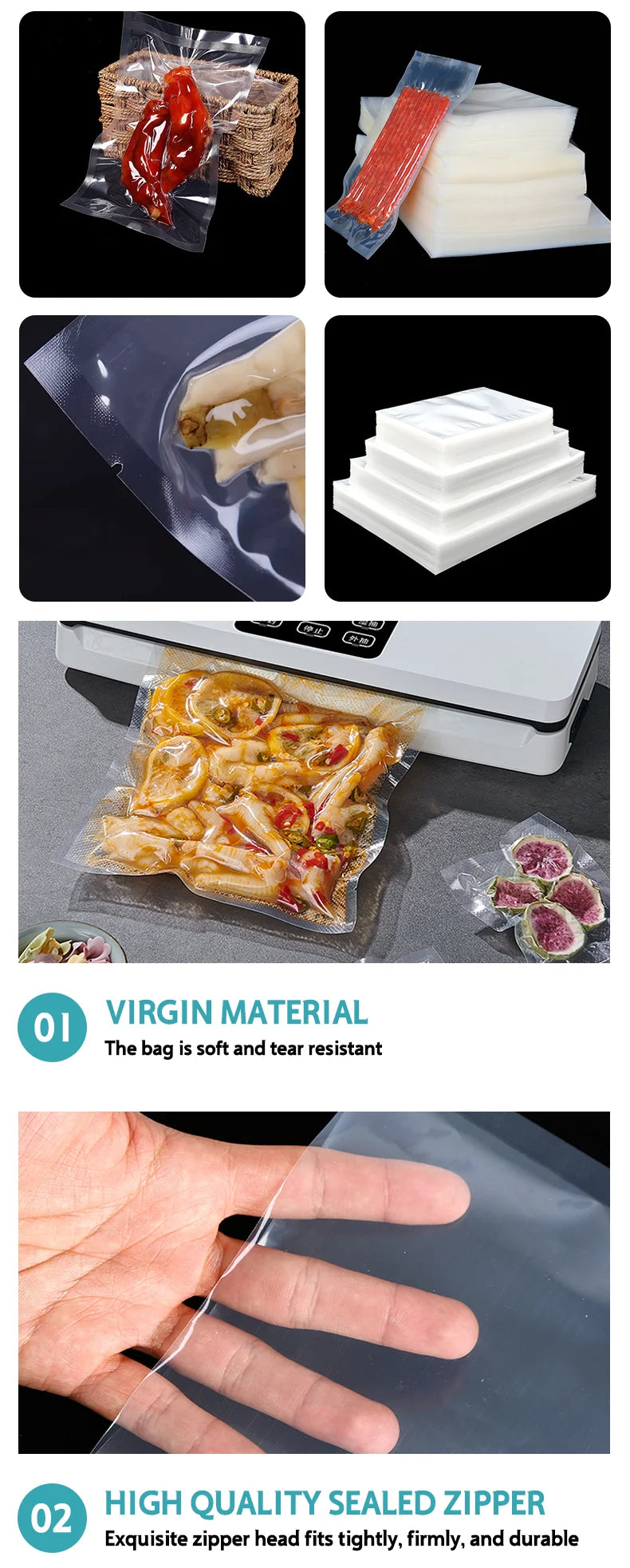 100 transparent plastic open pockets for storing food, meat, fish, fruits, and snacks, with customizable logos,