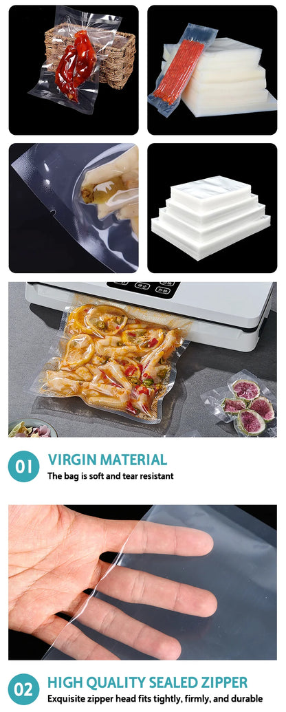 100 transparent plastic open pockets for storing food, meat, fish, fruits, and snacks, with customizable logos,