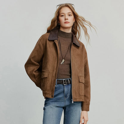 TOYOUTH Women Jacket coat 2025 Autumn New Vingtage Barn Style Suede Leather Patchwork Collar Jacket Brown