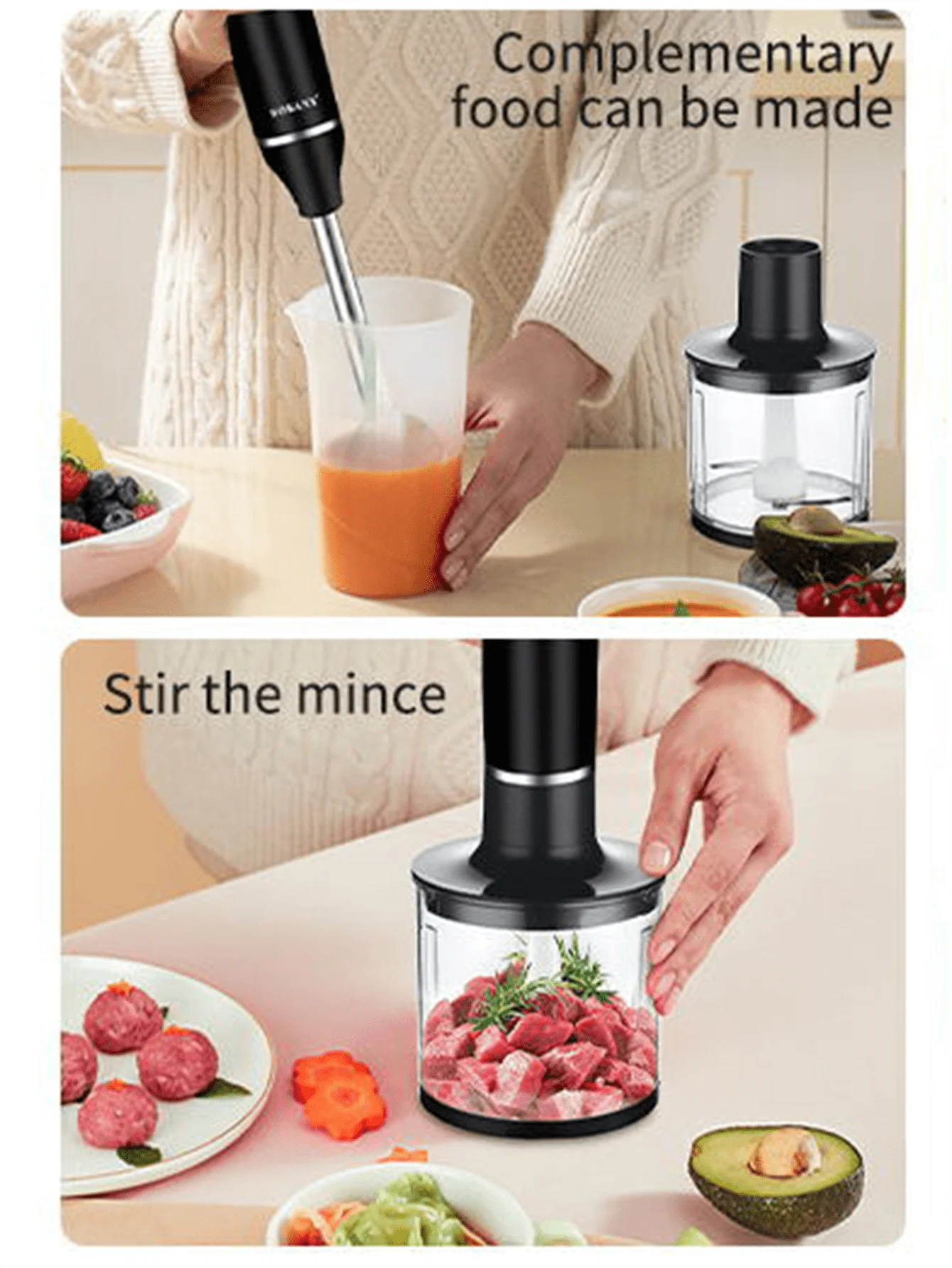 SOKANY 1714 Immersion Hand Blender, 2-Speed, 5-in-1, Hand Mixer, Whisk, Meat Chopper, Measuring Cup