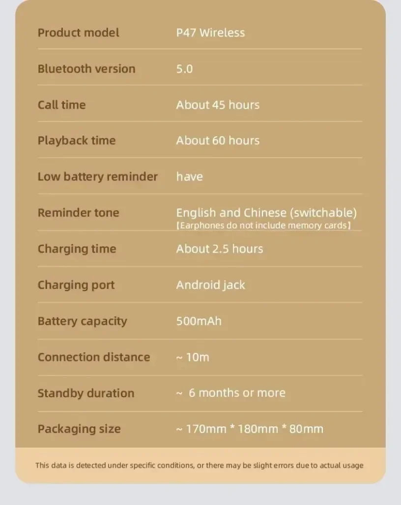 Stereo P47 Headset 5.0 Bluetooth Headset Folding Series Wireless Sports Game Headset for iPhone XiaoMi