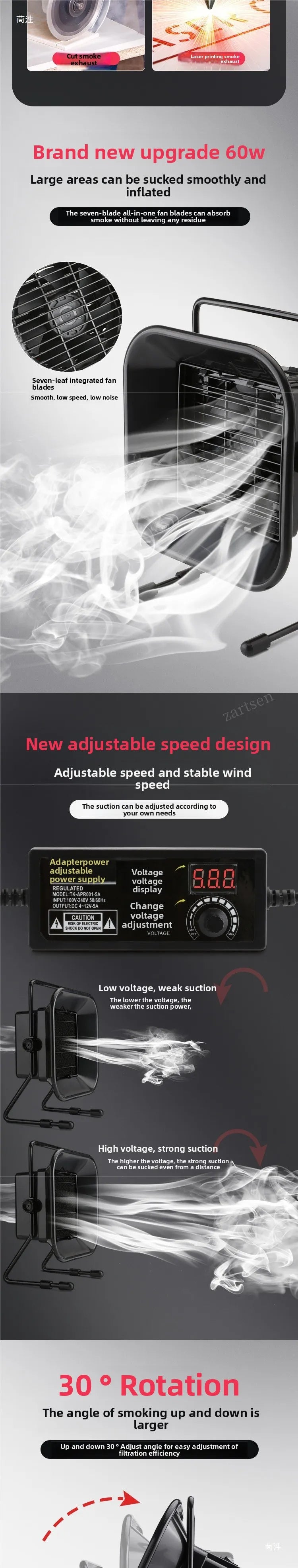 30W 60W Adjustable Speed Solder Smoke Absorber ESD Fume Extractor Fan Pipe Duct Exhuast Fan with 2M Pipe Tub Ventilation Fan
