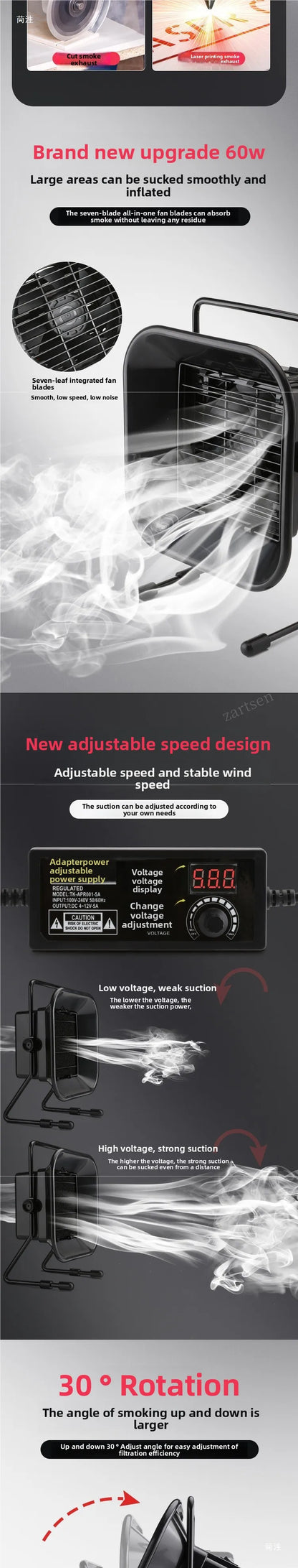 30W 60W Adjustable Speed Solder Smoke Absorber ESD Fume Extractor Fan Pipe Duct Exhuast Fan with 2M Pipe Tub Ventilation Fan