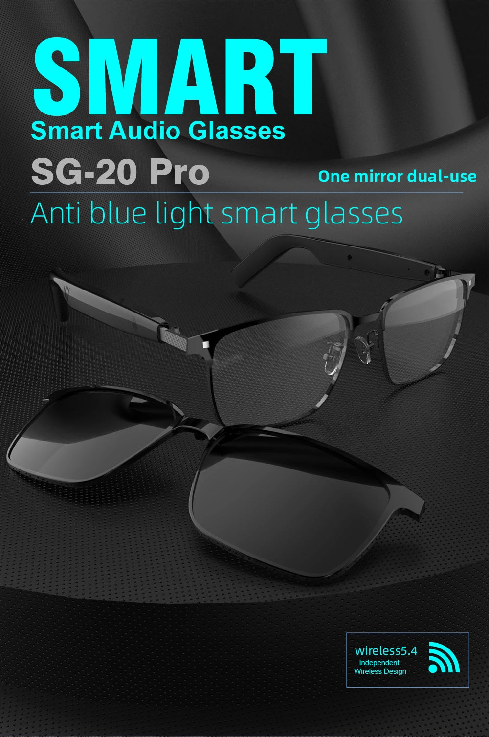 SG-20 Pro 2-in-1 TWS Daily Wear Smart Glasses Bluetooth Audio, Voice Assistant, Lightweight Design 9D