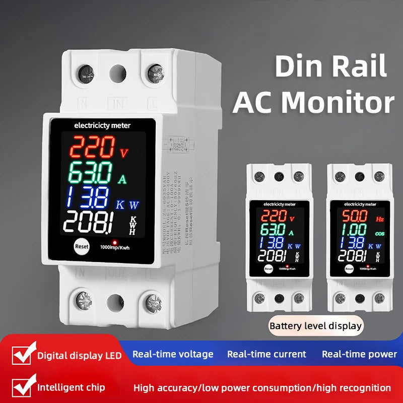 ZS-6035VAKW Digital Energy Meter Din Rail Electricity Usage Monitor AC30-400V Voltmeter Ammeter Watt Kwh Frequency Power Meter