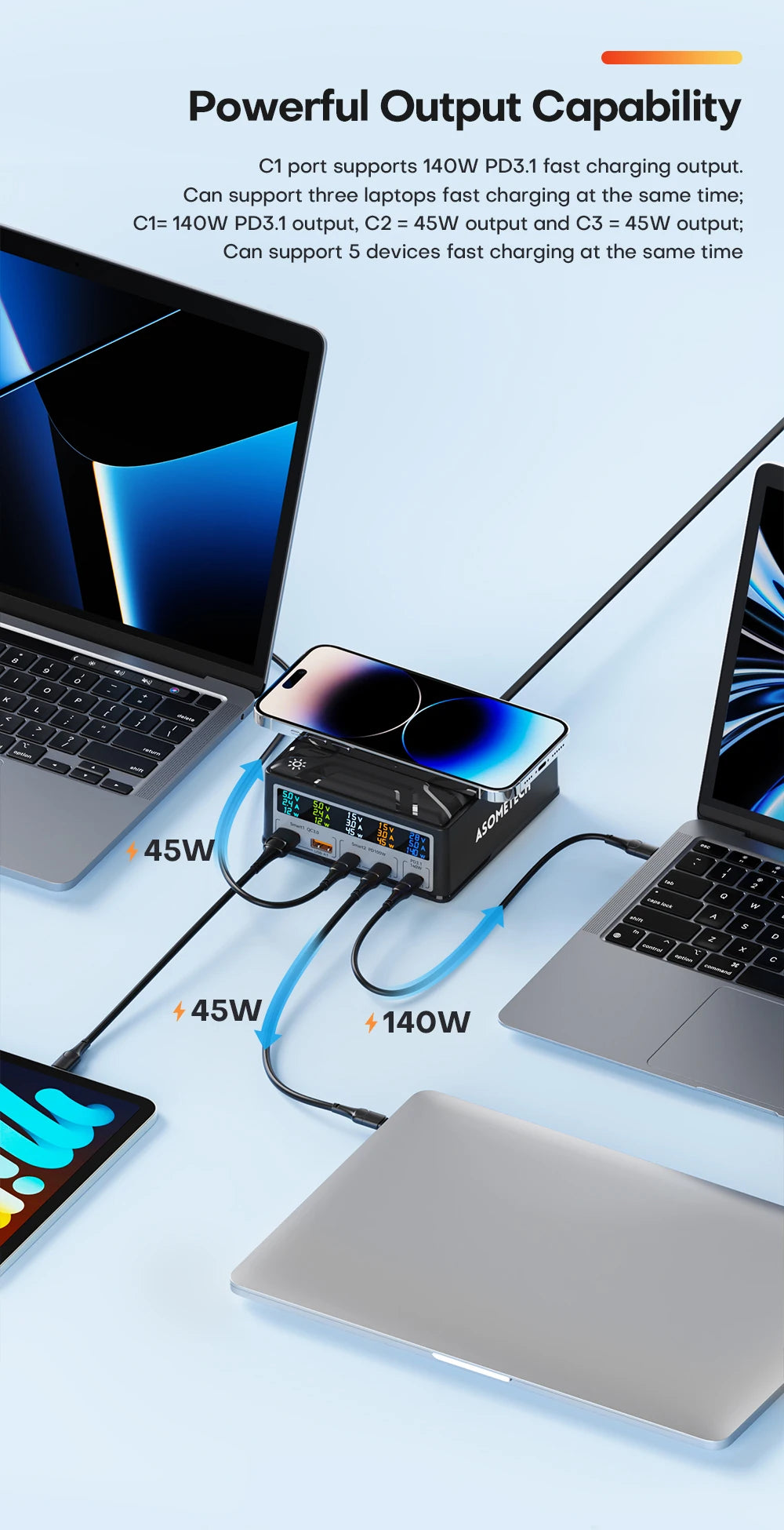ASOMETECH 260W GaN Charger Digital Display Desktop USB Type C Charger 140W PD3.1 PPS QC4.0 Quick Charger For Laptop Tablet Phone