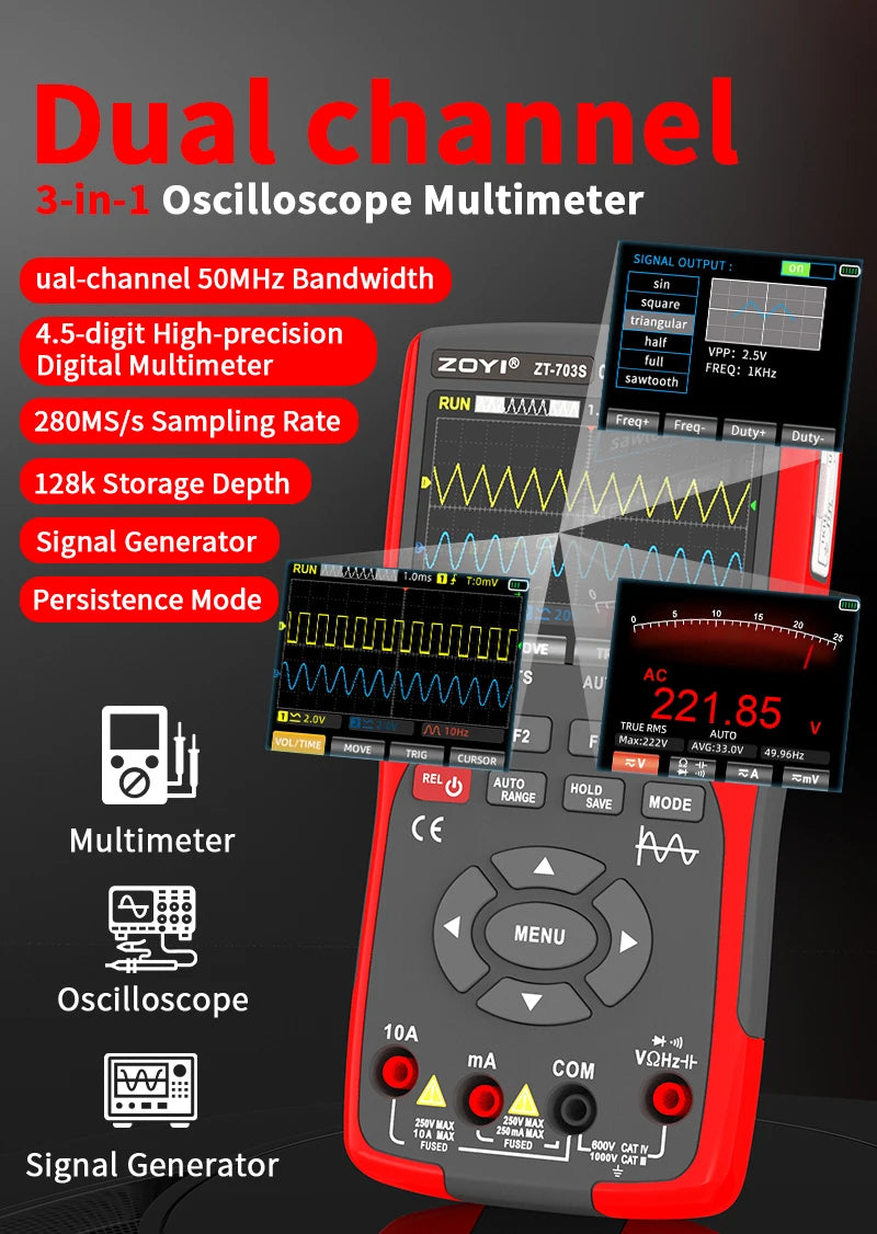 OYI ZT703S 3in1 Digital Multimeter 50MHz Bandwidth 280MS Rate PC Waveform Data Storage Dual Oscilloscope Signal Generator