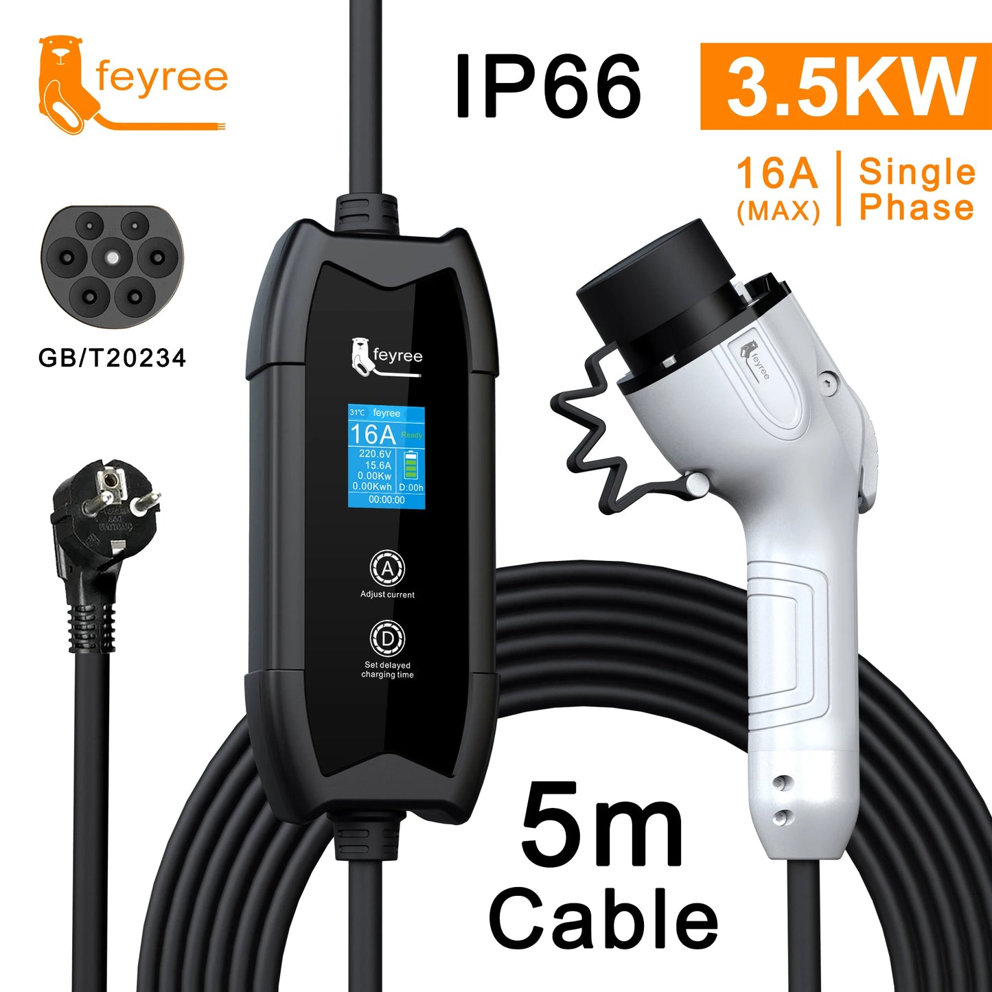 feyree EV Charger Type2 16A 3.5kW Portable Charging Box 5M Cable GBT Socket Type1 J1772 Adapter for Electric Vehicle Car Charger
