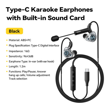 Essager Type-C Karaoke Earphones With Built-in Sound Card HiFi Stereo Music Wired Earbud Headset With Mic for Singing/Live/Game