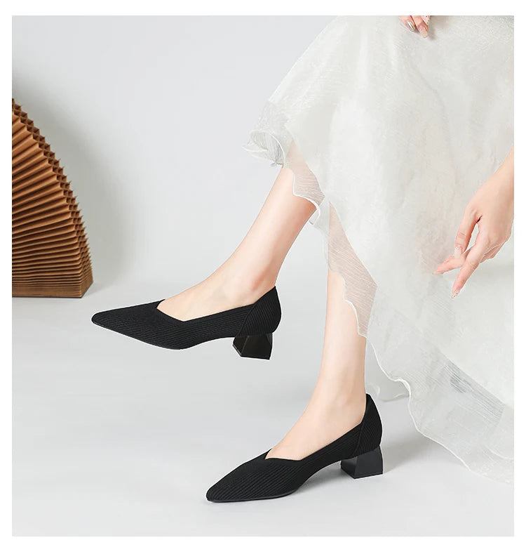 2025 New Women's High Heels Large 42/43 Fashion Pointed Anti slip Rubber Bottom Knitted Breathable Shoes