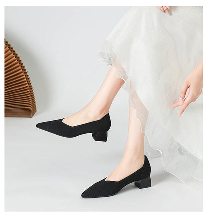 2025 New Women's High Heels Large 42/43 Fashion Pointed Anti slip Rubber Bottom Knitted Breathable Shoes