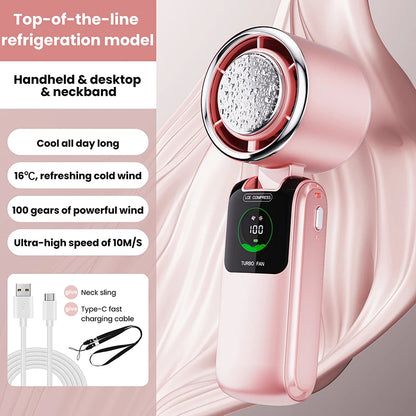 2025 New Ice Pack High-Speed Handheld Eletric Fan 100 Speed Adjustable Folding Mini Fan Portable Outdoor Hanging Neck Small Fan