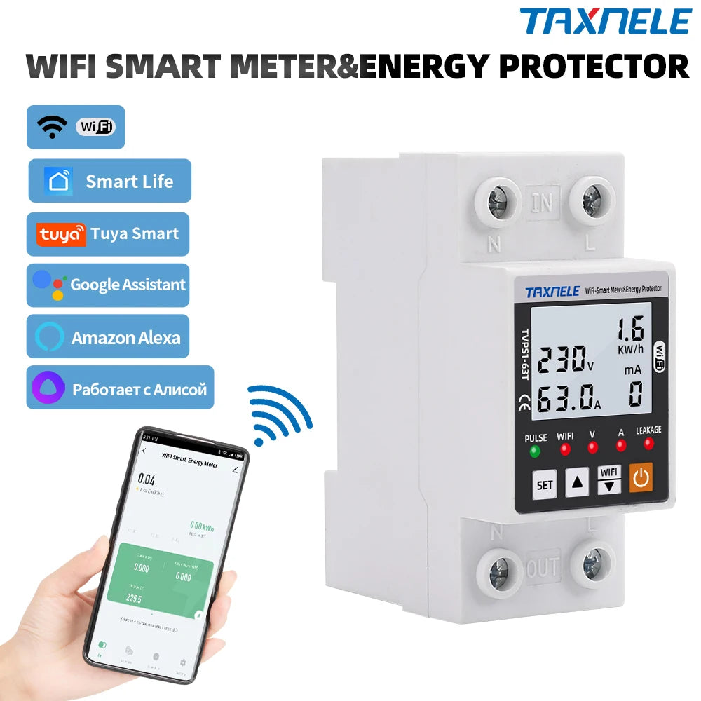 63A TUYA  WiFi Smart Earth Leakage Over Under Voltage Protector Relay Device Switch Breaker Energy Power kWh Meter Smart Life
