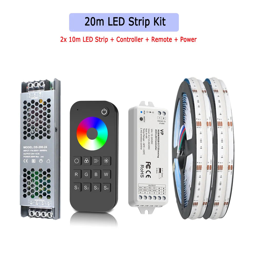 5M 10M 20M COB RGBW RGBWW LED Strip 24V Flexible Color Changing Dimmable Room Liner Light Home Decor 2.4G RF Remote Control Kit