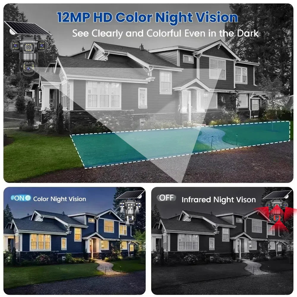 Solar Camera 4G Sim Outdoor 3 Lens 3 Screen 10X Zoom PIR Human Detect Cameras Waterproof Night Vision CCTV Security Protection