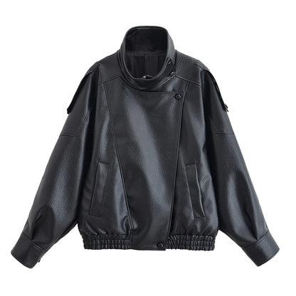 HH Autumn Faux Leather Jacket For Women Casual Solid Long Sleeve Zipper Pu Leather Coats New Fashion Female Streetwear