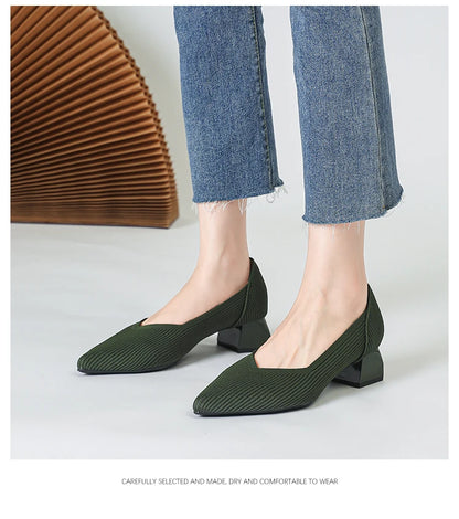 2025 New Women's High Heels Large 42/43 Fashion Pointed Anti slip Rubber Bottom Knitted Breathable Shoes