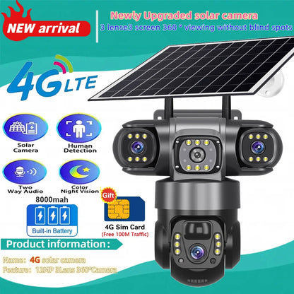 Solar Camera 4G Sim Outdoor 3 Lens 3 Screen 10X Zoom PIR Human Detect Cameras Waterproof Night Vision CCTV Security Protection