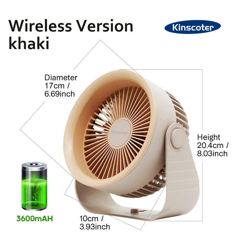  Portable Electric Fan 3600mAh Wireless Air Circulator Fan Cordless Desktop Wall Ceiling Air Cooling Cooler Quiet Ventilator
