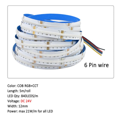 5M 10M 20M 24V COB RGB+CCT LED Strip Flexible Dimmable Room Cabinet Liner Light Bedroom Decor 2.4G RF Touch Panel Remote Control