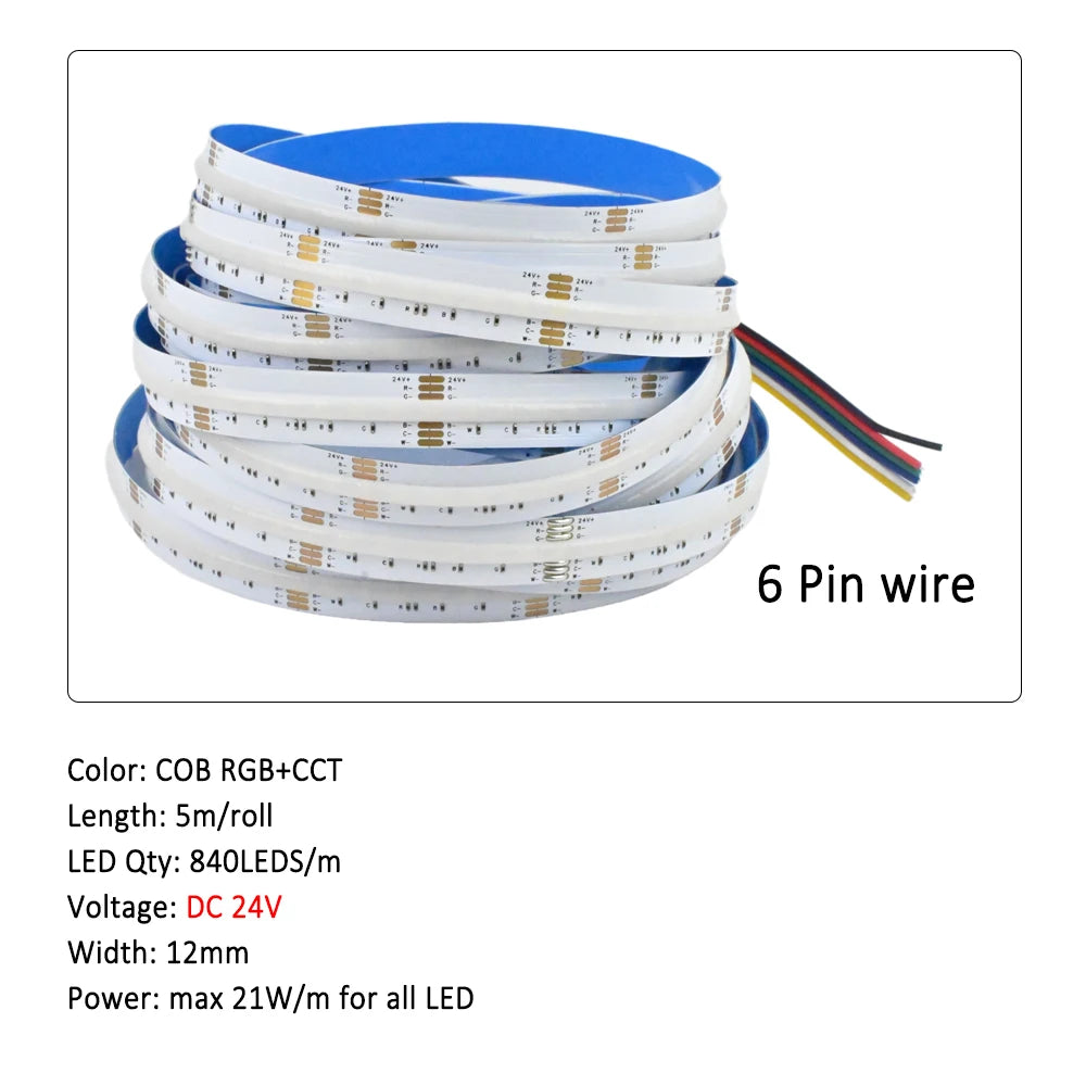 5M 10M 20M 24V COB RGB+CCT LED Strip Flexible Dimmable Room Cabinet Liner Light Bedroom Decor 2.4G RF Touch Panel Remote Control