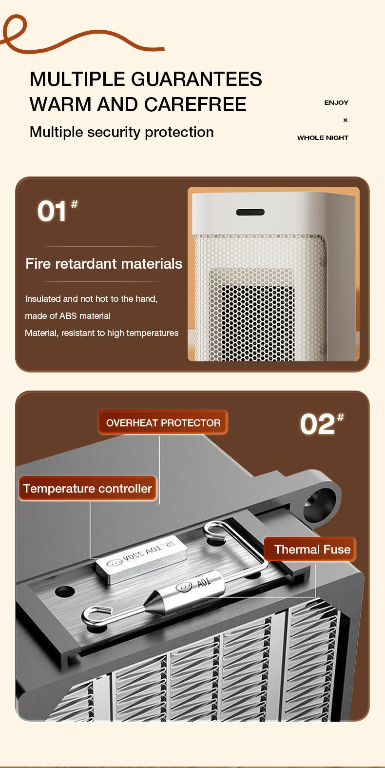 Portable PTC ceramic electric heater with multi-stage adjustment, silent, small household fan and night light heater.
