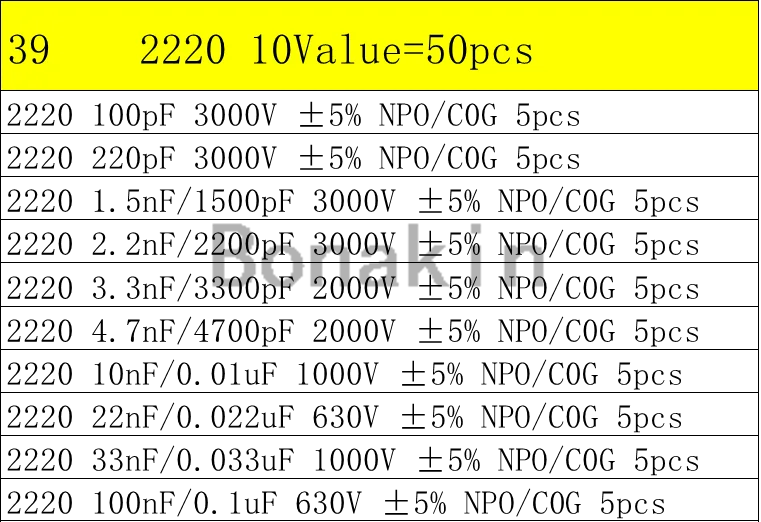 01005 0201 0402 0603 0805 1206 1210 1808 1812 2220 SMD Ceramic Capacitor Assorted Kit 100pF 10nF Chip Capacitance Set 100nF 10uF