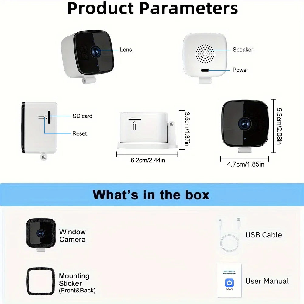 1080P WiFi Window Camera Full Color Night Vision Two-Way Audio Through Window Indoor Home Security Baby Monitor Camera