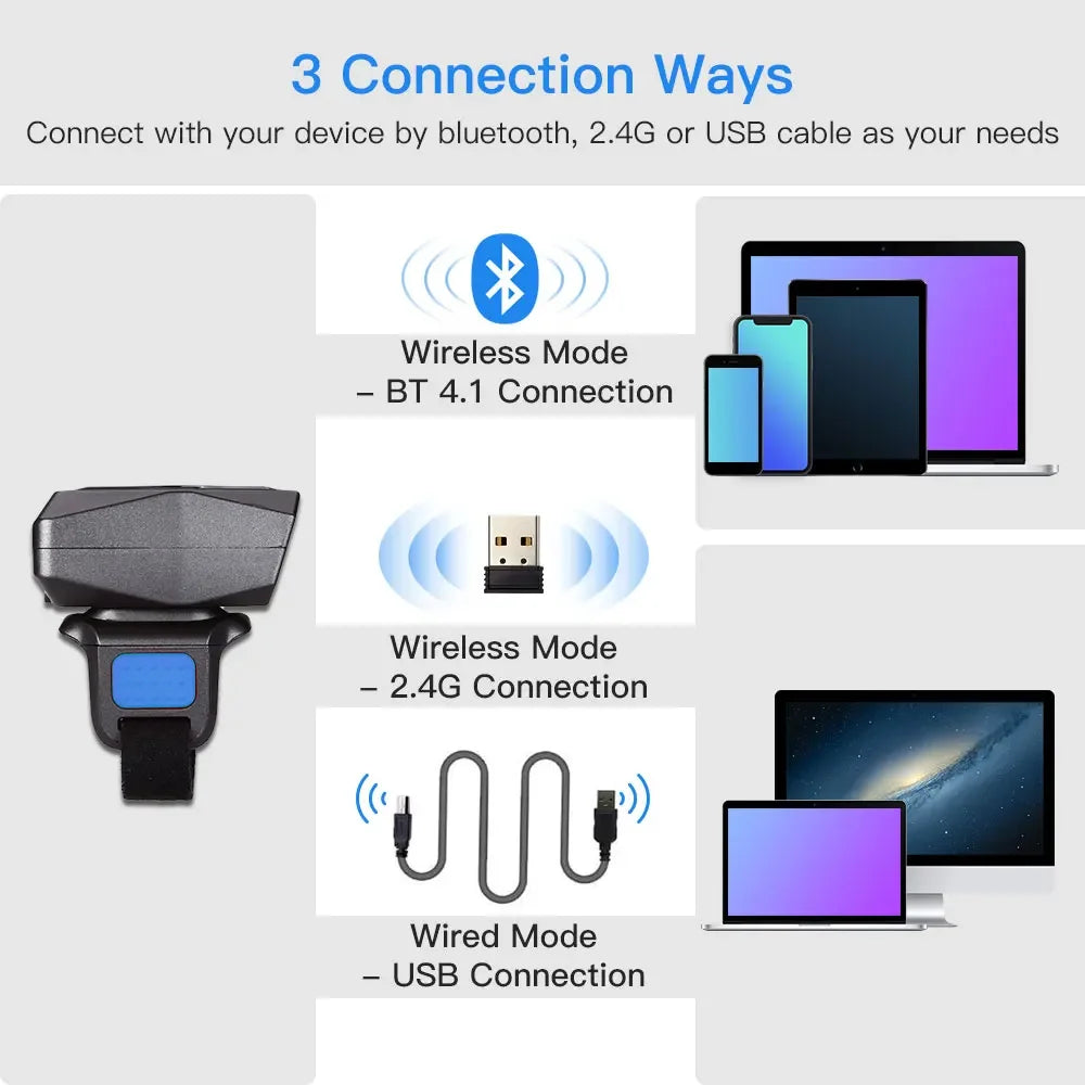 Eyoyo EY-016 Finger Ring Barcode Scanner Mini Wearable 3-in-1 USB Wired & 2.4G Wireless QR Reader for Store Warehouse Scanning