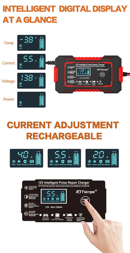 EAFC 12V 6A Full Automatic Car Battery Charger Digital Display Battery Charger Power Puls Repair Chargers Wet Dry Lead Acid