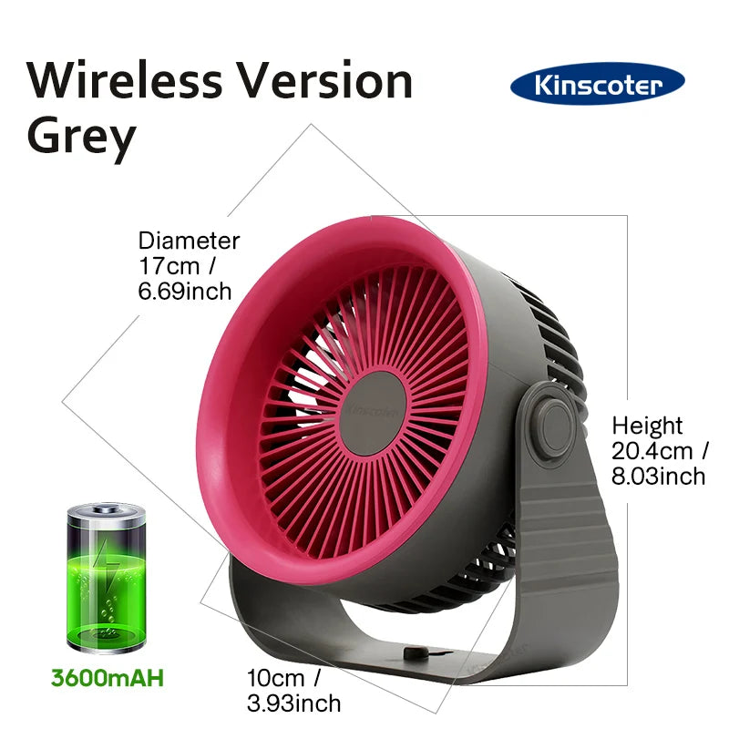  Portable Electric Fan 3600mAh Wireless Air Circulator Fan Cordless Desktop Wall Ceiling Air Cooling Cooler Quiet Ventilator