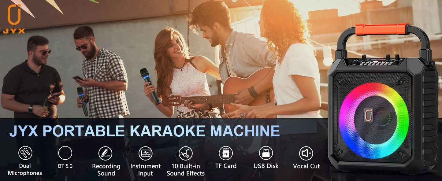 Karaoke Machine with 2 Wireless Microphones, Portable Speaker with LED Lights for Kids and Adults, Supports Bluetooth/USB/TF/AUX