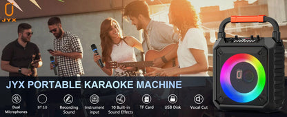 Karaoke Machine with 2 Wireless Microphones, Portable Speaker with LED Lights for Kids and Adults, Supports Bluetooth/USB/TF/AUX