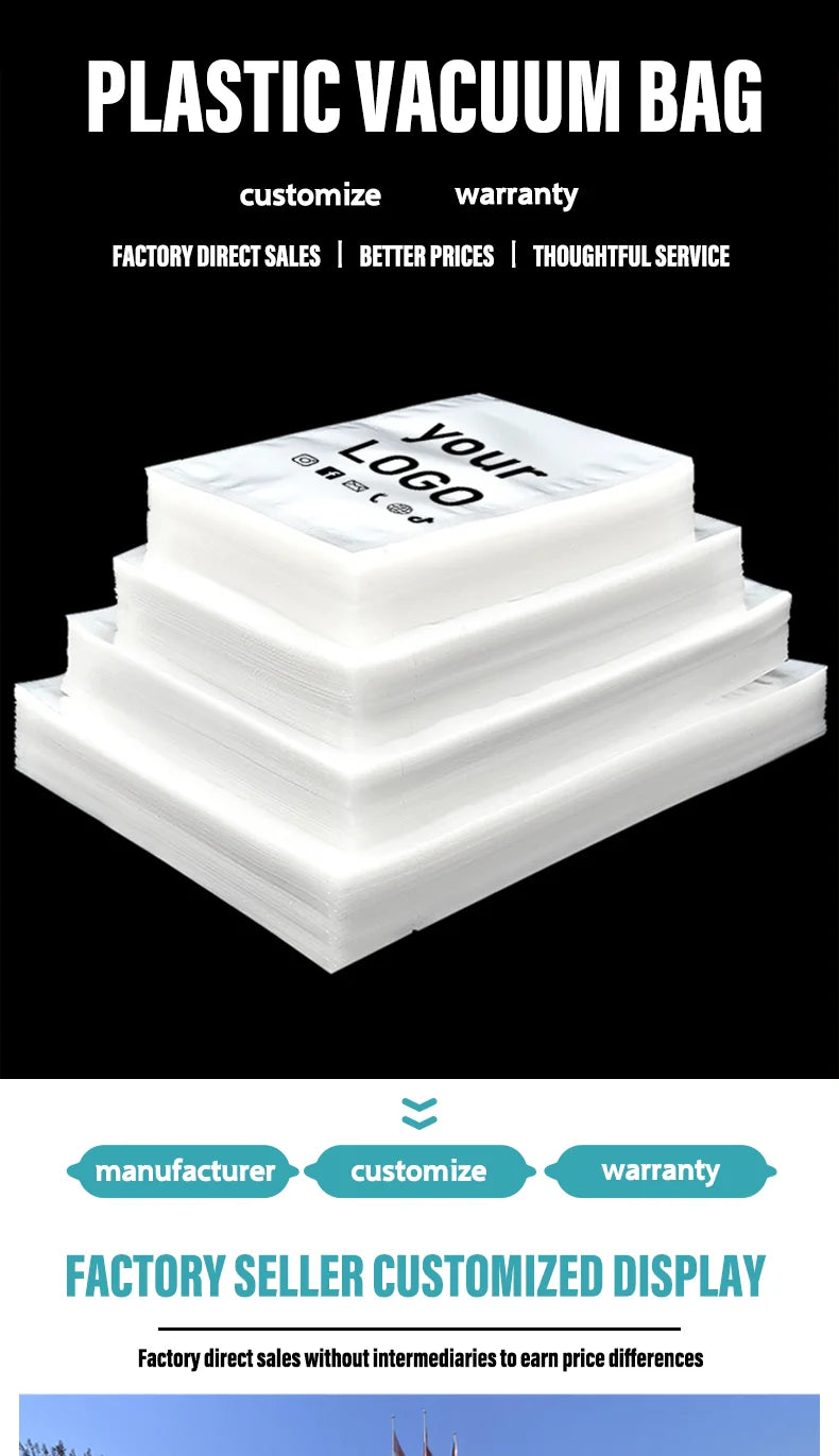 100 transparent plastic open pockets for storing food, meat, fish, fruits, and snacks, with customizable logos,