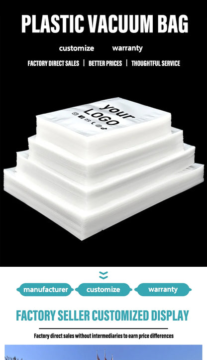 100 transparent plastic open pockets for storing food, meat, fish, fruits, and snacks, with customizable logos,