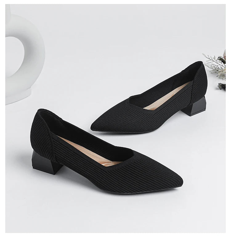 2025 New Women's High Heels Large 42/43 Fashion Pointed Anti slip Rubber Bottom Knitted Breathable Shoes