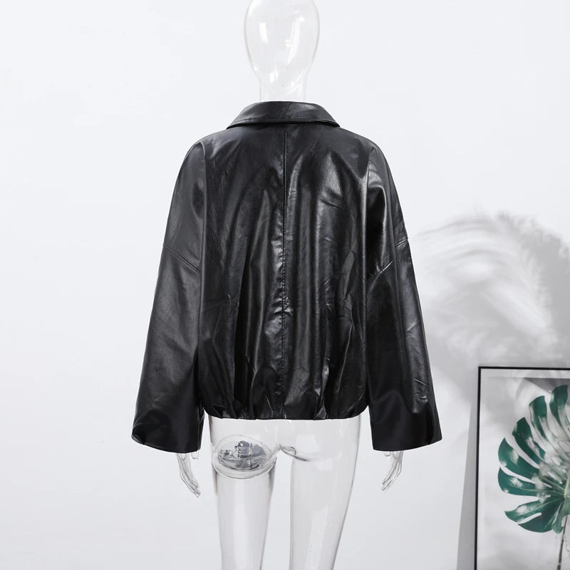 Vintage PU Leather Bomber Jackets 2025 Autumn New Ladies Zipper Lapel Long Sleeve Pocket Coat With Belt Women's Loose Streetwear
